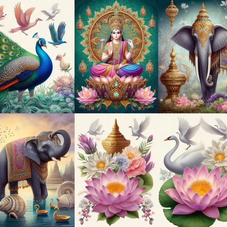 Collage of Hindu deity symbols: Lotus, Peacock, Parrot, Elephant, Conch Shell, Lotus Garland, and Swans.